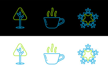 Canvas Print - Set line Snowflake, Christmas tree and Coffee cup icon. Vector