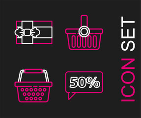 Poster - Set line Fifty discount percent tag, Shopping basket, and Gift box icon. Vector