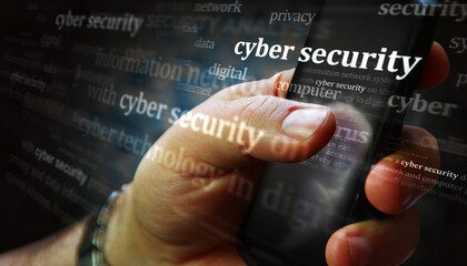 Poster - Cyber security and network protection news titles on screen in hand 3d illustration