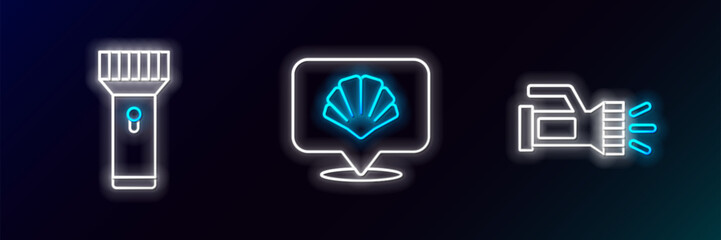 Sticker - Set line Flashlight, and Scallop sea shell icon. Glowing neon. Vector