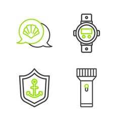 Sticker - Set line Flashlight, Anchor inside shield, Diving watch and Scallop sea shell icon. Vector