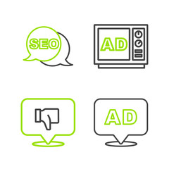 Poster - Set line Advertising, Dislike speech bubble, and SEO optimization icon. Vector