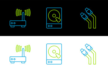 Poster - Set line LAN cable network internet, Router and wi-fi signal and Hard disk drive HDD icon. Vector