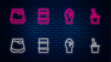 Sticker - Set line Metal beer keg, Glass of, whiskey and Champagne in an ice bucket. Glowing neon icon on brick wall. Vector