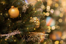Christmas Online Shopping Background With Christmas Tree,balls And Decorations Lights