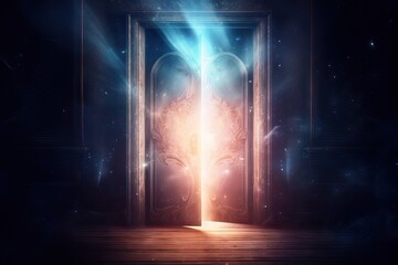 concept background effect Sunlight design smoke dark magic bright old doorway open blurred entrance rays Open abstract Night doors blue door scene door background handle walls brick black door