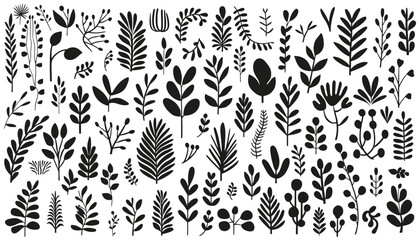 Wall Mural - foliage silhouette collection. set of botanical black elements in flat style isolated on white backg