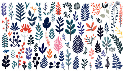 Wall Mural - abstract foliage collection. botanical futuristic elements in flat style isolated on white backgroun