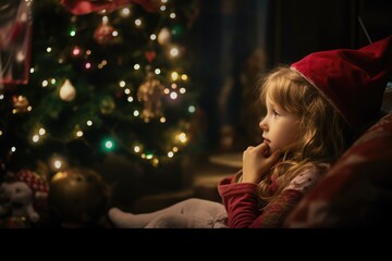 Wall Mural - Little girl watching TV with a Christmas tree with decorations and ornaments next to her