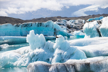 Wall Mural - Ice floes in a glacial lake in Iceland with vulcano mountains in the background, the climate crisis in northern Europe, glacial melting, beautiful landsacpe