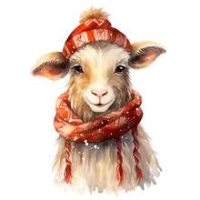 Watercolor Cute Goat In A Hat And Scarf, Winter Farm Animal Illustration.