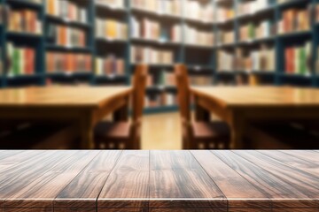 Wall Mural - design cognition bookshelves board background plank empty product top bookstore tabletop background education Empty wood space wooden display blurred bookshop bokeh table blur Blur table wooden top