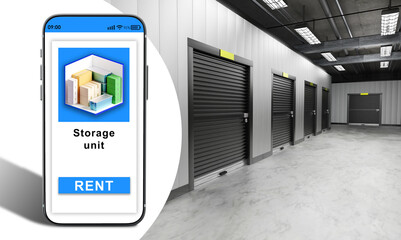  Storage unit rent. Phone with warehouse application. Smartphone near storage rooms. Warehouse company interior. Website for renting storage unit. Gates to warehouse spaces are closed. 3d image