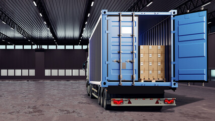 Wall Mural - Truck in hangar. Lorry with containers in back. Freight transport. Industrial building with truck. Pallets with parcels inside lorry. Transport logistics. Truck is waiting to be unloaded. 3d image