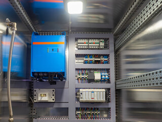 Poster - power supply cabinet. electrical equipment in metal box. enterprise automation system. electrical co