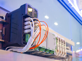 Poster - internet switch. network hardware. industrial controller with wires. network equipment for enterpris