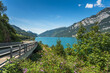 Panoramic view of Lake Walensee (Lake Walen) with scenic road, Quarten, Canton St. Gallen, Switzerland