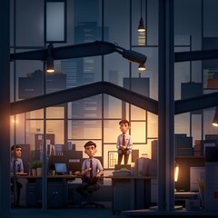 A worker illuminated by the bright office lights, surrounded by the hustle and bustle of the corporate world.