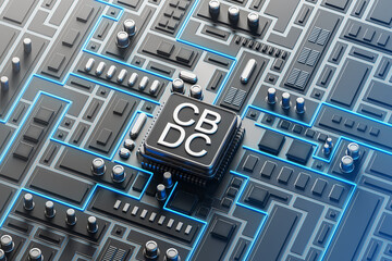 Poster - Top view of CBDC cpu and circuit board with chip, digital currency