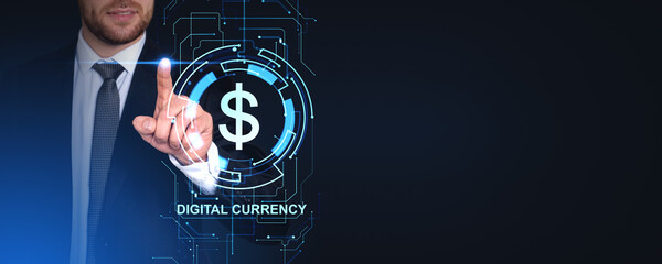 Poster - Businessman finger touch dollar icon with circuit board, digital currency