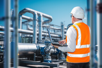 Poster - man works at oil refinery. worker with laptop near chemical factory. thick oil factory pipes near gu