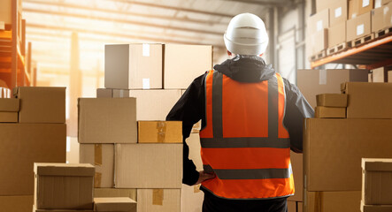 Poster - Warehouse worker with back to camera. Storekeeper stands among boxes. Man in orange vest. Guy works in warehouse building. Career in storage industry. Logistics warehouse worker. Fulfillment center