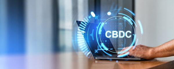 Poster - Man hands with laptop and CBDC icon