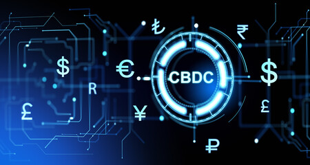 Poster - CBDC glowing hologram with different currency symbols and circuit board