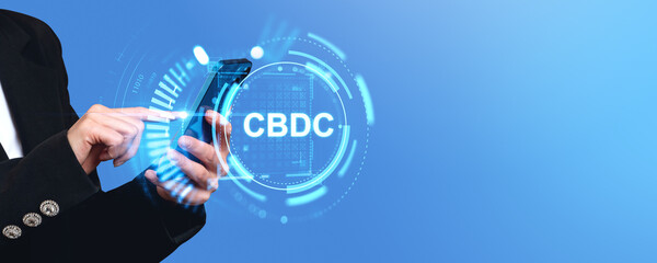 Poster - Woman hands using phone with CBDC icon