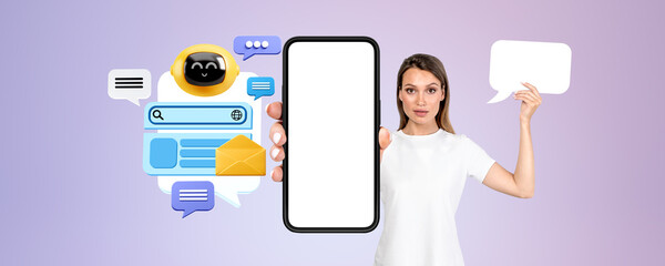 Poster - Woman with mock up phone screen, chat bot text bubbles and search bar