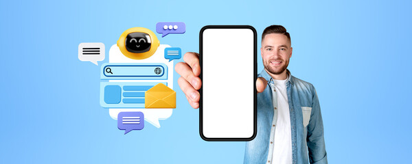 Poster - Man with mock up phone display, chat bot speech bubbles and communication