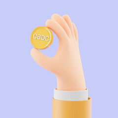 Poster - Cartoon man hand in yellow holding CBDC coin