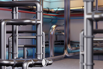 Wall Mural - Pipes room. Factory basement. Chemical enterprise. Tangled steel pipeline. Plant engineering systems. Background from pipes. Boiler room. Metal pipes in chemical plant. Wallpaper, backdrop. 3d image