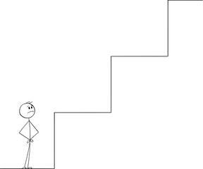 Wall Mural - Person Looking at Giant Steps or Obstacles , Vector Cartoon Stick Figure Illustration