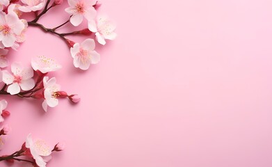 Wall Mural - Pink cherry flowers on light pink background. Greeting card template for Wedding, mothers or womans day.