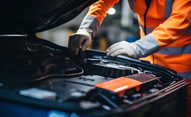 Selective focus hands in gloves of expert mechnicain electric car.