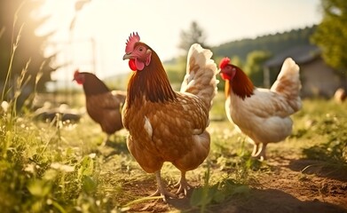 hen with chickens outdoors on a pasture in the sun.