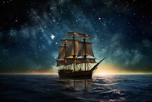 Virtual Reality Wooden Boat Sailing In The Sea, Wooden Boat Sailing In The Atlantic Ocean Under A Beautiful Sunset, Ship Sailing In The Sea Under The Blue Starry Sky