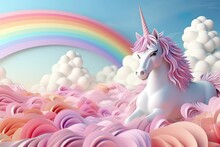 Abstract 3d Unicorn And Rainbow On Clouds, Cute Unicorn Background, Mother And Baby Store Background, Kids Room Wallpaper, Kindergarten Wallpaper, Children's Book Illustration