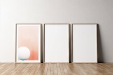 Mock-up Three Bl Wooden Simple Illustration Wood Wall Wooden Frame Banner Floor Vertical White 3D Three Three Frame Vertical Frame Background Mock Three-dimensional 3 Art Poster Wooden Triple Paper