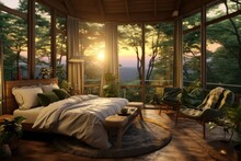 A Bedroom With A Bed, Chair, And Window Overlooking A Forest During The Sunset.