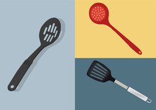 Vector Illustration Of Kitchen Utensils Such As Slotted Turner, Slotted Spoon, Skimmer.
