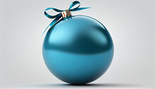 Christmas Blue Ball With Isolated White Background, Blue Christmas Ball With Ribbon, Ai Generated Image