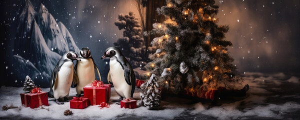 Wall Mural - Penguin on christmas tree, generative ai 