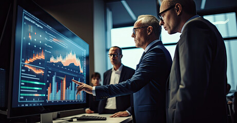 Wall Mural - business people in an office. an interactive demo of business process in the conference room. infographics on screens.