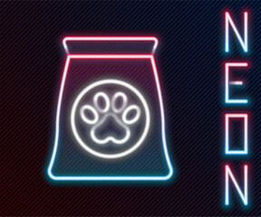 Wall Mural - Glowing neon line Bag of food for pet icon isolated on black background. Food for animals. Dog bone sign. Pet food package. Colorful outline concept. Vector