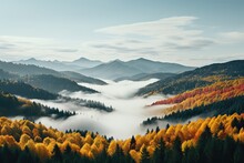 A Wallpaper, Featuring A Majestic Mountain Backdrop Adorned With Colorful Fall Trees Under A Sky Filled With Billowing Clouds. Photorealistic Illustration, Generative AI