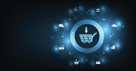 Poster - Online business and Internet trading concept. A virtual image cart on a dark blue background conveys purchasing products and services via the Internet.
