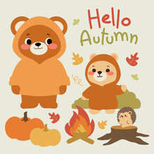 Hello Autumn. Adorable Two Bears Illustration For Autumn Season Decoration