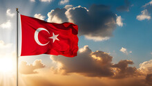 3d Turkey Flag With Mast At Amazing Sunrise. Waving Turkish Flag